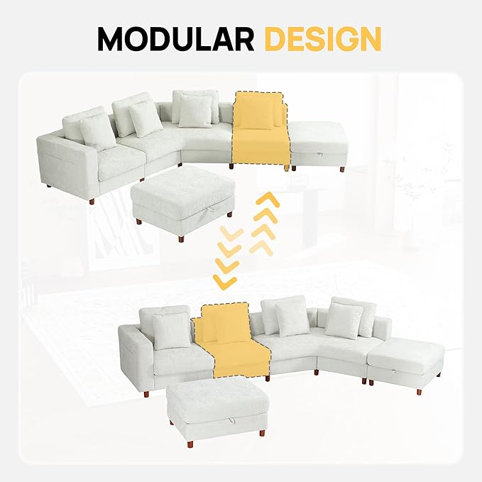 147" Curved Corner Reversible Chaise Chenille Sectional, L-Shaped Oversized Sofa with 6 Deep Plush Seats, with Ottoman & 4 Throw Pillows and Removable Covers, for Living Room and Apartment, Beige
