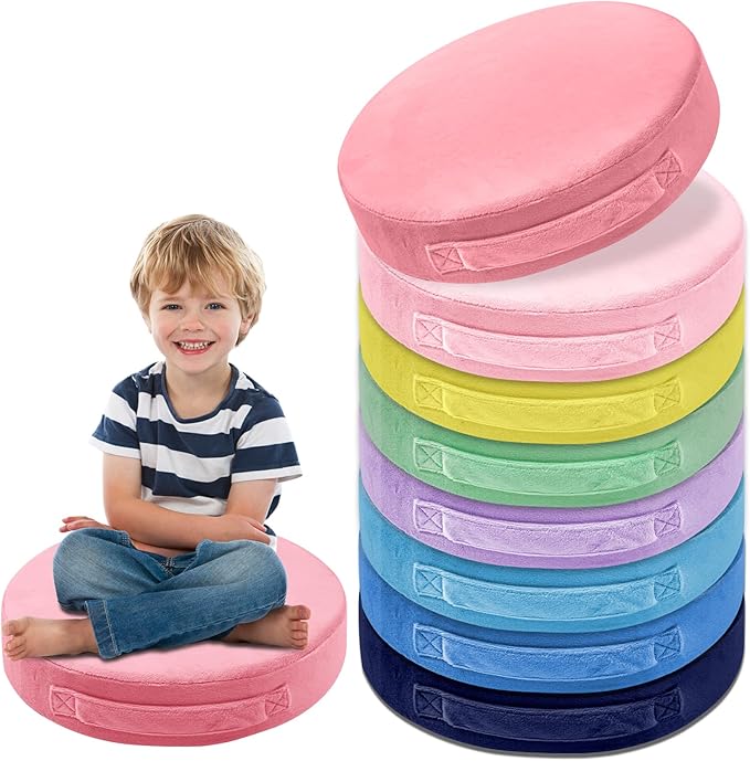 24 Pcs Round Floor Cushions for Kids, 15'' Plush Flexible Seating Pillows with Handles, Soft Chair Seats for Classroom Elementary Daycare Preschool Playroom Reading Corner Multicolor