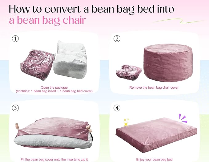 Hobestluk Giant Bean Bag Chair Bed for Adults, Large Bean Bags with High-Density Foam Filling, Convertible Big Sofa Bed Couch for Living Room, Bedroom, Playroom (Pink, Full)