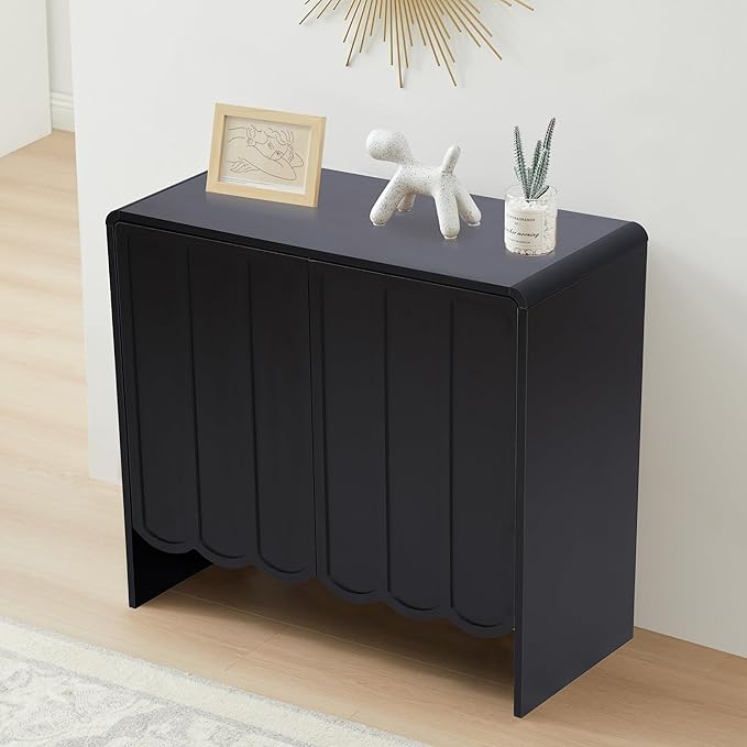 ORRD Sideboard Buffet Cabinet Set of 2, Accent Storage Cabinet with 2 Doors, Farmhouse Wood Cabinet with Adjustable Shelves and Wave Panel for Living Room, Dining Room, Entry - Black