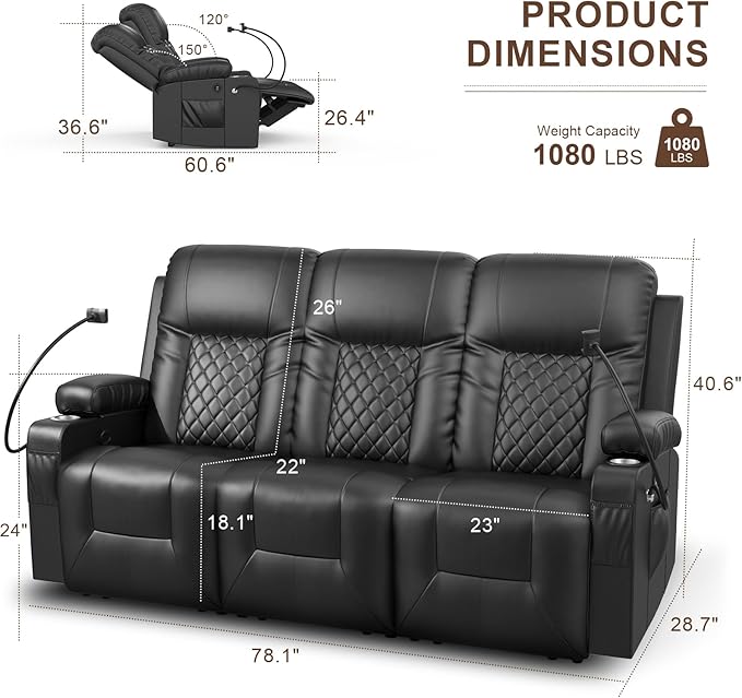 FURNIMAT Recliner Sofa Set with 3+1+1 Pieces in Living Room, 3 Seater Reclining Sofa with USB Ports, Cell Phone Holders, 2 Recliner Chairs with Vibration Massage and Heat Single Sofa Seat, Bedroom, RV