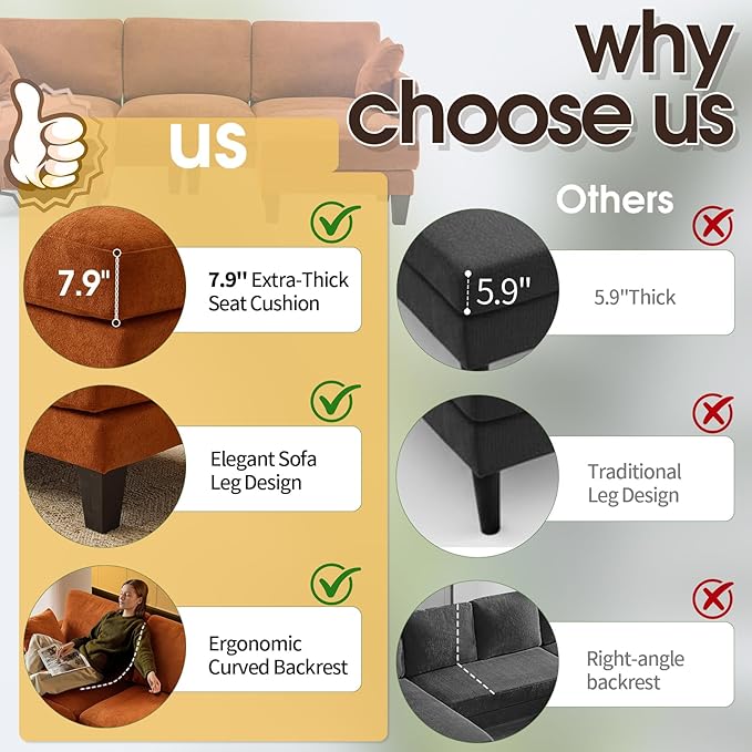 VINGLI 100" W U Shaped Couch with Ottoman, 22" Deep Seat Comfortable Sectional Couches for Living Room, 3 Seater Chenille Fabric Cloud Sofa for Apartment, Small Spaces, Bedroom, Orange