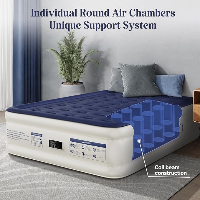 Air Mattress Queen with Built-in Pump, Blow Up Mattress with Soft Flocked Top, Leakproof Inflatable Mattress, Foldable Waterproof Air Bed for Home, Guests, Camping, with Storage Bag