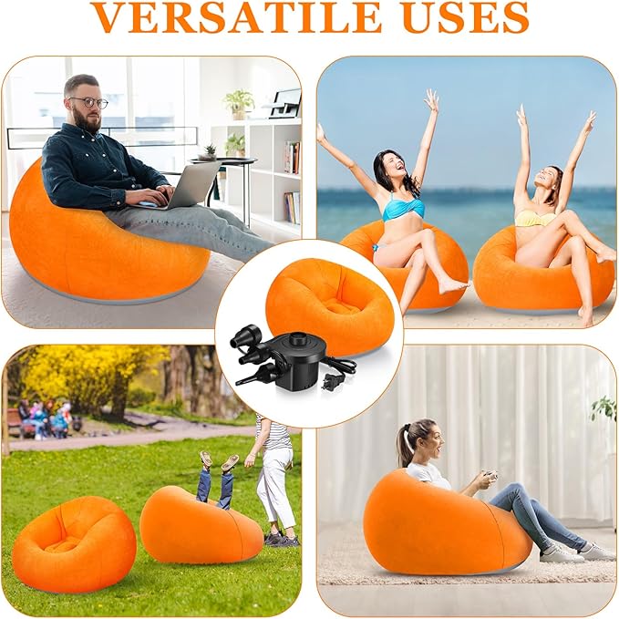 Realspring 2 Pcs Inflatable Bean Bag Chairs with Electric Air Pump Outdoor Blow up Chair Inflatable Lazy Sofa Folding Portable Loungers Couch for Living Room Bedroom(Orange)