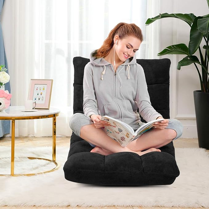 Giantex Floor Chairs for Adults - Floor Gaming Chair with Back Support, Coral Velvet, 14 Adjustable Position, Thick Sponge Padding, Floor Seating Lounge for Reading, Watching TV, Meditation (Black)