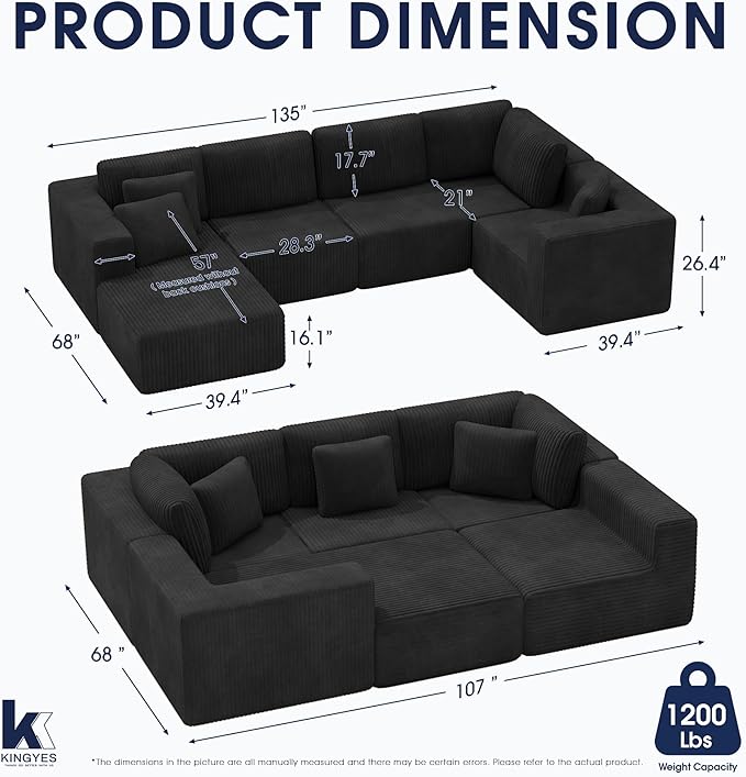 KINGYES 135'' Modular Sectional U Shaped Sofa, Upholstered Corduroy Boneless Couch Cloud Couch for Living Room, Black