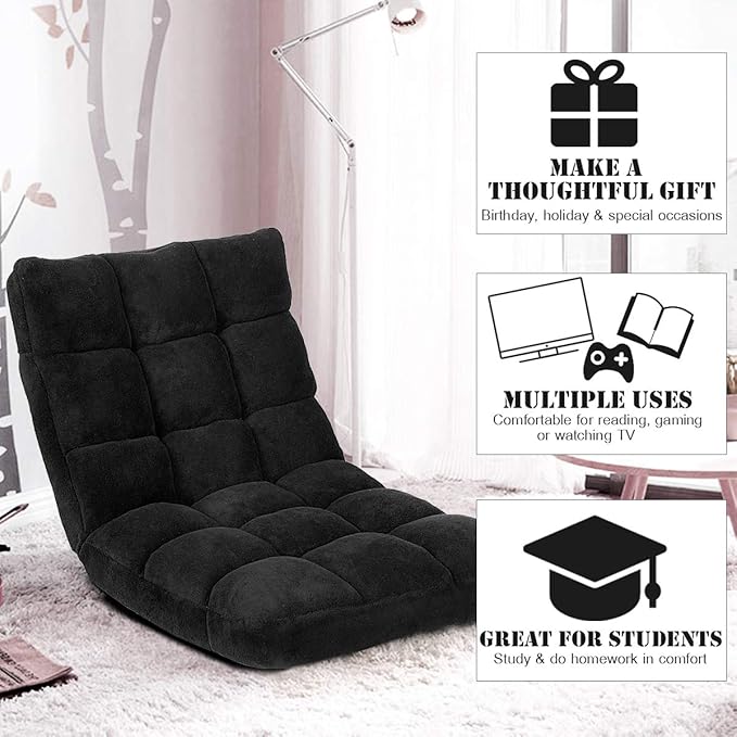 Giantex Floor Chairs for Adults - Floor Gaming Chair with Back Support, Coral Velvet, 14 Adjustable Position, Thick Sponge Padding, Floor Seating Lounge for Reading, Watching TV, Meditation (Black)