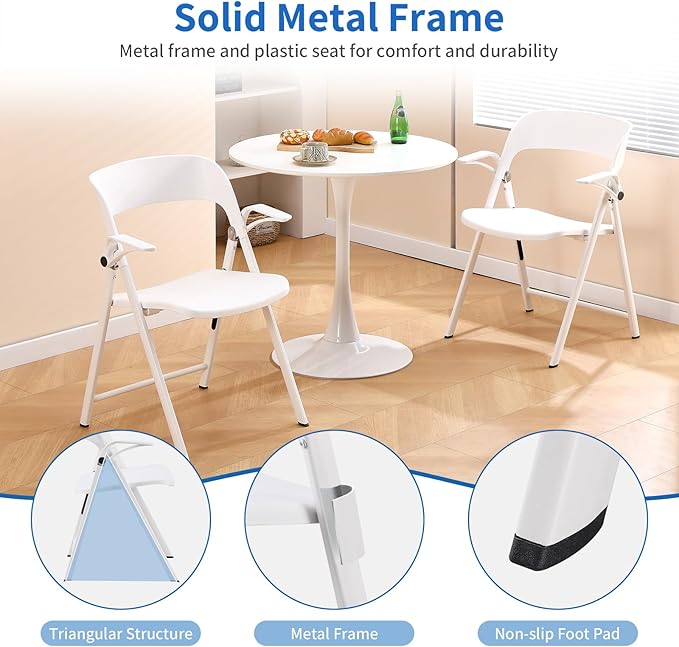 KAIHAOWIN 2 Pack Plastic Folding Chair with Armrest, Heavy Duty Foldable Chairs with Steel Frame Commercial Stackable Guest Chairs for Indoor and Outdoor-White