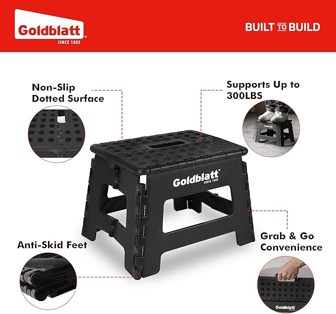 Goldblatt 8.5" Folding Step Stool for Adults and Kids, Lightweight Heavy-Duty Plastic Portable Foldable Stool with Non-Slip Top and Anti-Skid Feet, 300 lbs Capacity, Kitchen & Bathroom, Black