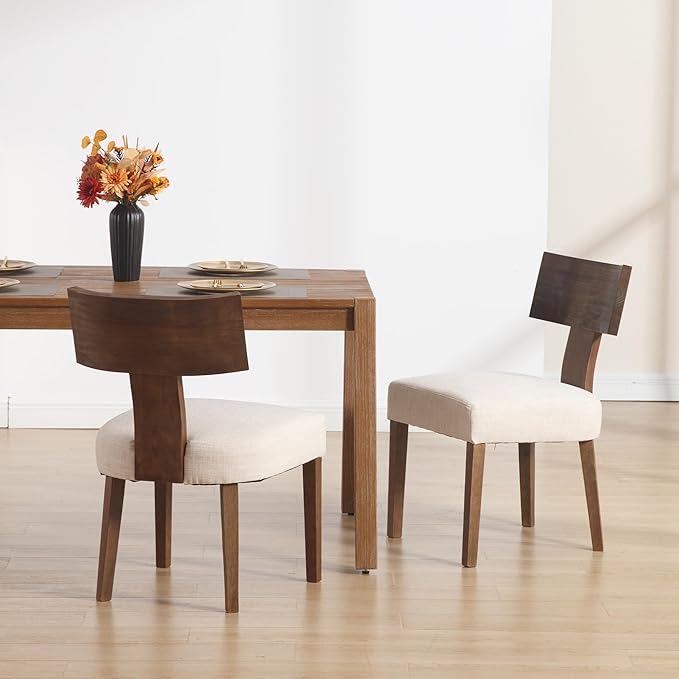 DM Furniture Farmhouse Kitchen Dining Room Chairs Set of 2, Linen Fabric Upholstered Dining Chairs with Wooden Legs, Comfy Armless Side Chairs for Dining Room/Restaurant, Beige-Dark Brown Legs