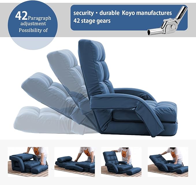 FLOGUOR 14-Position Adjustable Floor Chair, Chaise Lounge Indoor, Folding Lazy Sofa with Armrests and a Pillow Padded Adults Gaming Chairs for Living Room, Bedroom Factory Price,8803 (Blue（PU）)