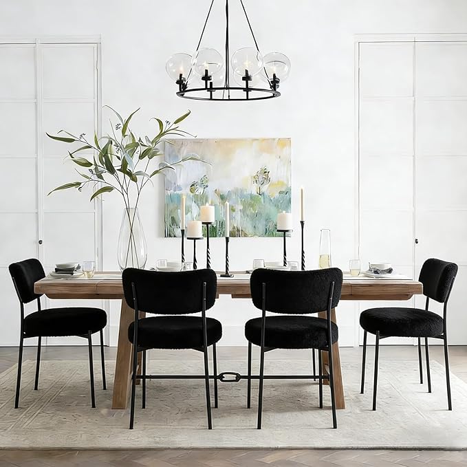 Stabrech Black Boucle Dining Chairs Set of 4, Upholstered Dinner Chair with Metal Frame, Dining Room Chairs with Padded Seat, Round Modern Seating for Living Room