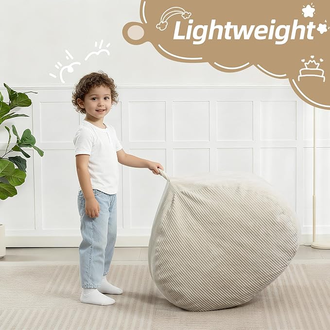 Bean Bag Chair with Corduroy Cover and Memory Foam Filled for Teens and Kids, Small Comfy Fluffy Floor Chair for Living Room Bedroom (Beige, 2.5FT)