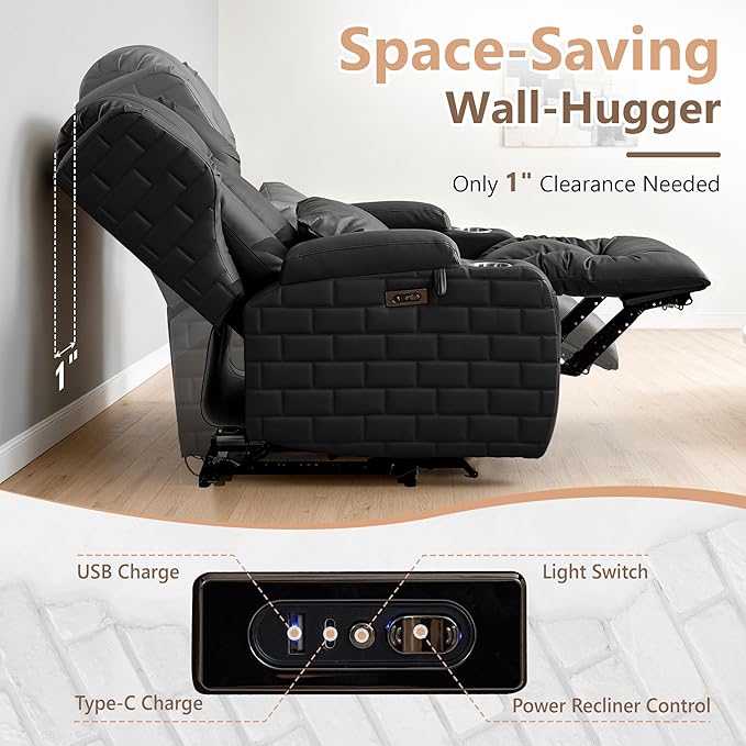 Wall Hugger Power Recliner Chair with Heat and Massage, Overstuffed Reclining Sofa Chair for Living Room Home Theater RV with 3-Side LED Lights/Cup Holders/USB & Type C Port (Black)