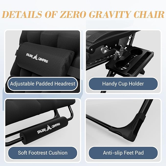 Amopatio Oversized Zero Gravity Chair with Cushion, XL Folding Outdoor Lounge Reclining Patio Chair with Tray/Footrest/Headrest for Camping Sunbathing Relaxing Reading