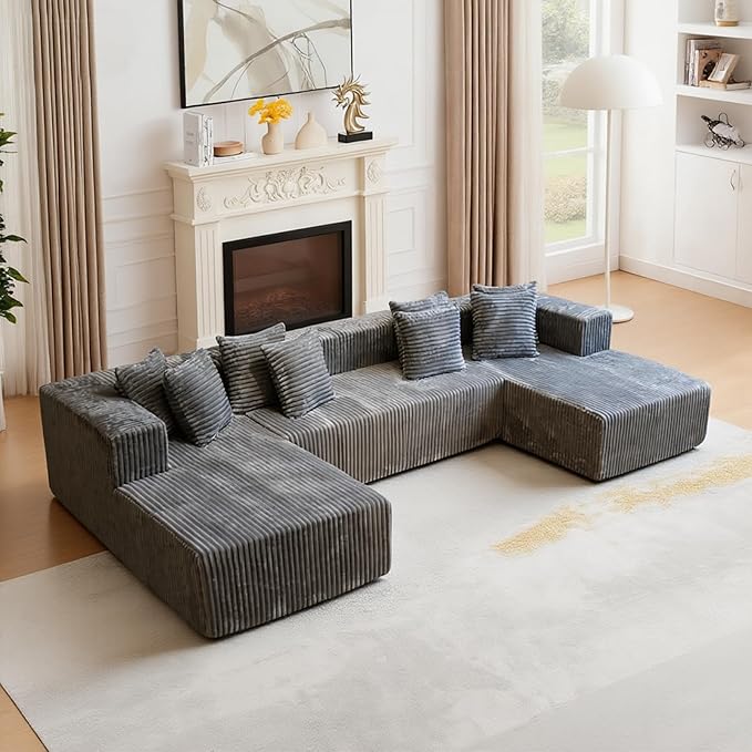 130'' U Shaped Couched for Living Room, Cloud Modular Sectional Couch with 2 Chaise Lounge, Modern Minimalist Upholstered Sofa Sleeper Deep Seat Corner Couch, No Assembly Required Grey