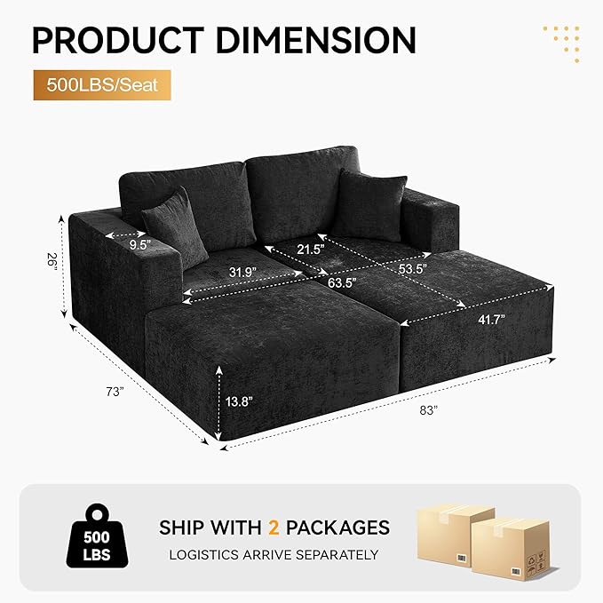 83'' Boneless Loveseat Sofa, Comfy Deep Seat Cloud Couch with 2 Moveable Ottoman, No Assembly Chenille Love Seat for Living Room, Black