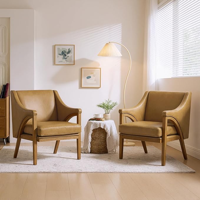 Mid Century Modern Accent Chairs Set of 2 with Barrel Back, Upholstered Armchair Comfy Reading Chairs with 4" Thick Cushion, Solid Wood Legs for Living Room/Bedroom/Reading Corner, PU Fabric, Brown