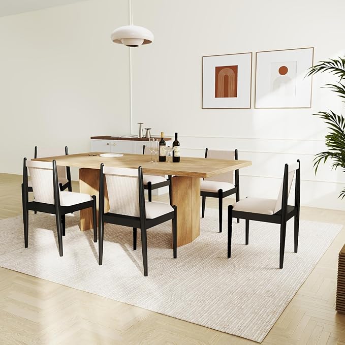 DUOMAY Upholstered Linen Beige Dining Chairs Set of 6, Wooden Armless Kitchen Chairs with Black Legs and Sturdy Frame for Dining Room, Restaurant, Living Room