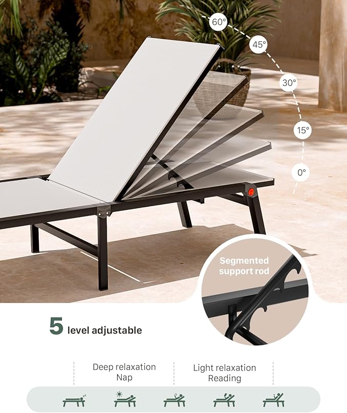 WOAJNQO Aluminum Patio Chaise Lounge Chair Set of 2 with Side Table,5-Position Adjustable Backrest,Foldable Lounge Chair Outdoor,Pool Lounge Chairs for Poolside,Lawn,Deck,Beach (White, 2 Pack+Table)
