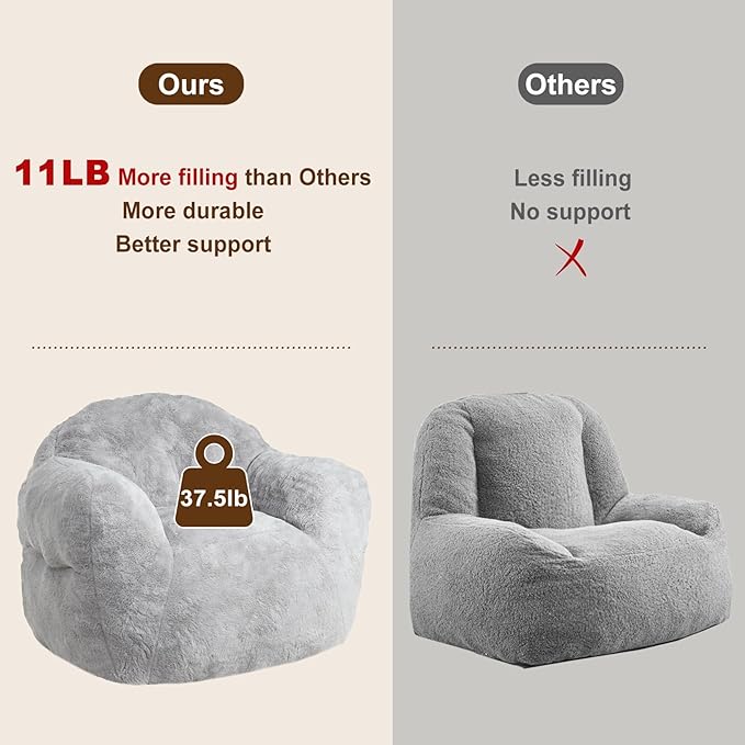 51" Big Bean Bag Chair BeanBag Chairs with Armrests for Adults Kids, Oversized Comfy Chair with Filler Included, Soft Cozy Beanbag Couch Floor Sofa Chair for Living Room Bedroom,Dorm,Grey