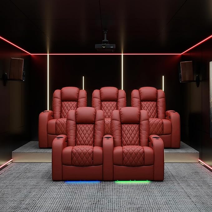 Weilianda Home Theater Seating Top Grain Leather Zero Gravity Recliner Chair Power Headrest Recline Movie Seat Gaming 7 Colors Mood Light Sofa with Tray Table USB Charge Row of 5 Loveseat Right Red