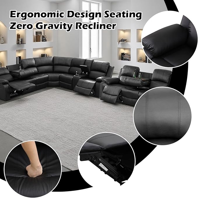 SIENWIEY Manual Leather Recliner Sectional Sofa for Living Room,L Shaped Reclining Sectional Corner Couch with Sofa,Black Recliner Sofa Set with Storage Console/Drop Down Coffee Table/Cup Holders