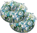 Magpie Fabrics Outdoor Round Bistro Seat Cushions with Ties, 15"x15"x4" Set of 2, Tufted Waterproof Barstool Chair Pads for Patio Home Garden Office, Floral Blue Green