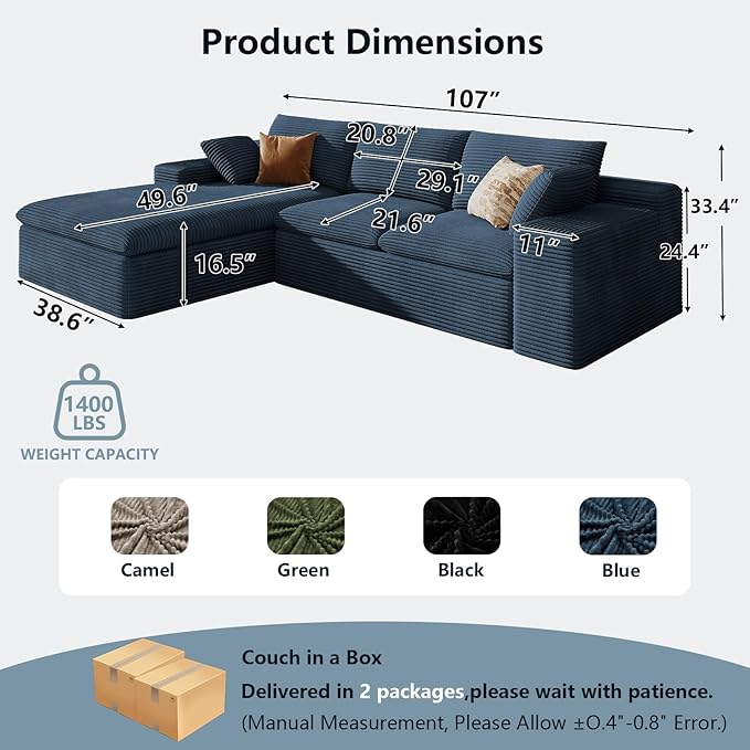 107" Cloud Sectional Couch with L-Shape Chaise, Modern Corduroy Viral Boneless Sofa for Living Room,Memory Foam Couches in a Box with Deep Seat,No Assembly Required (Blue,Left-Facing Chaise)