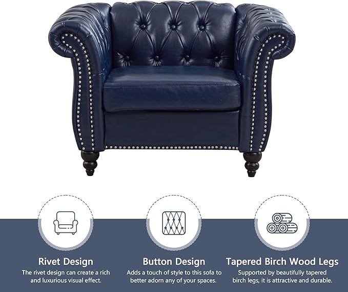QHITTY Accent Chair, Chesterfield Chair Modern Leather Upholstered Chair with Tufted Back for Living Room Furniture (Blue)