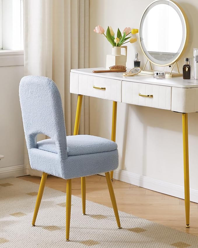 IBUYKE Small Storage Vanity Stool with Folding Backrest, 12.99" x 13.78" x 31.5" Square Teddy Velvet Ottoman, Makeup Chair for Living Room, 4 Metal Legs with Anti-Slip Feet, Blue WBD027H