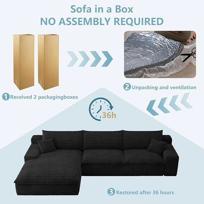 107" Cloud Sectional Couch with L-Shape Chaise, Modern Corduroy Viral Boneless Sofa for Living Room,Memory Foam Couches in a Box with Deep Seat,No Assembly Required (Jet Black,Left-Facing Chaise)
