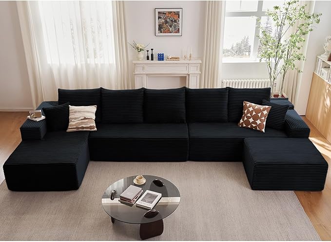 Lakifun 166.9" L-Shape Sofa with Ottoman, Modern Modular Sectional Comfy U-Shape Cloud Couch, Deep Seat, Upholstered Corduroy Sleeper Chaise Longue for Living Room Bedroom, No Assembly Required, Black