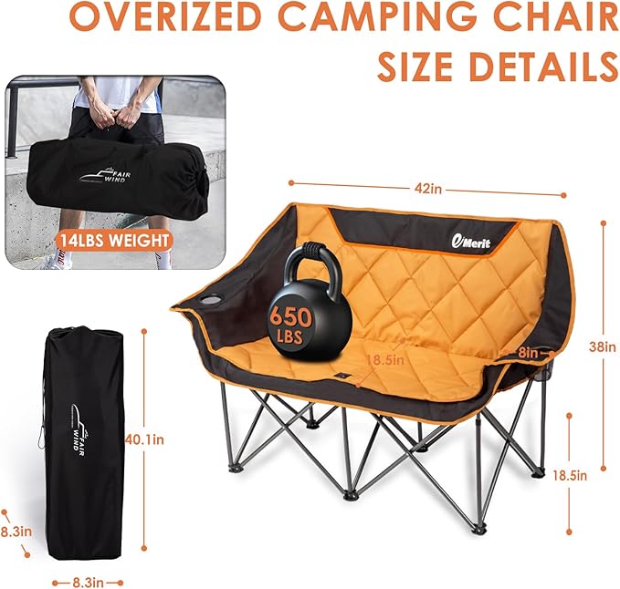 EMERIT Oversized Double Duo Camping Chair Folding Camping Loveseat 2 Person Camping Couch Heavy Duty Lawn Chairs for Outside with Padded Seats & Armrests-Support 650LBS