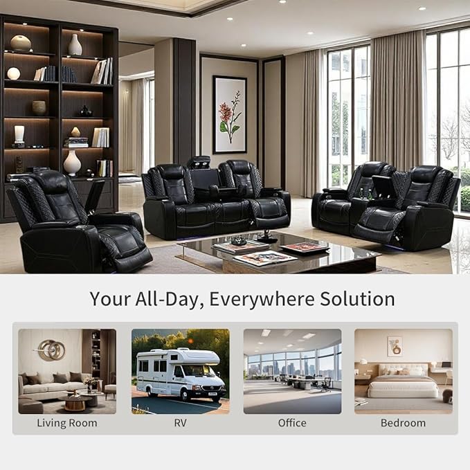 Toseslo Living Room Furniture Sets,Power Recliner Sofa Set with LED Light,Black Leather Sofa and 2 Chairs Set,Modern Power Reclining Sets with Cup Holder/Storage Console for House