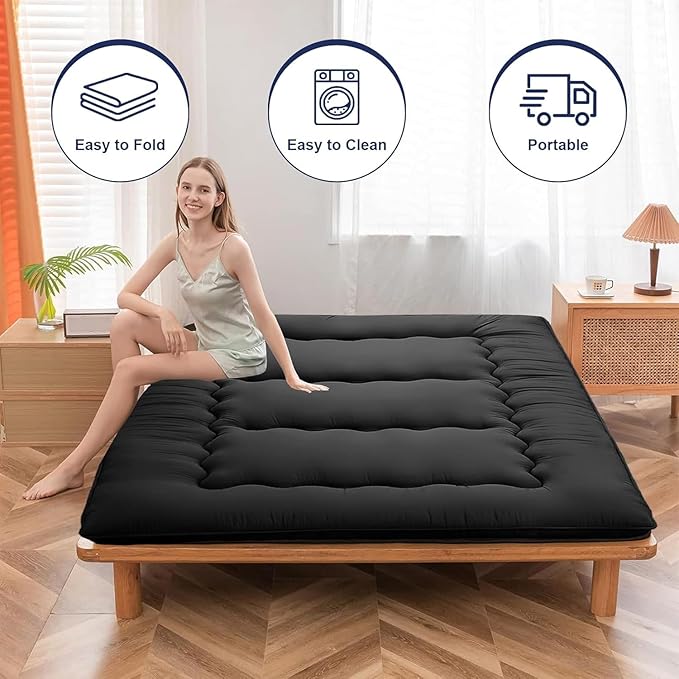 Japanese Floor Mattress,Thicken Japanese Floor Sleeping Pad Foldable,Roll Up Tatami Mat Easy to Store and Portable,Futon Mattress Suitable for Camping and Guest Room (Black, Twin (80" x 36"))