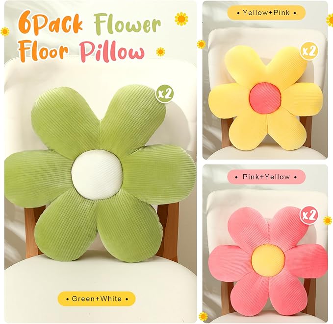 Coume 6 Pcs Flower Floor Pillows, Daisy Throw Pillows 16 Inch Flower Seating Cushions for Back to School Reading Classroom Sofa Couch Bed Decor(Yellow, Pink, Green)