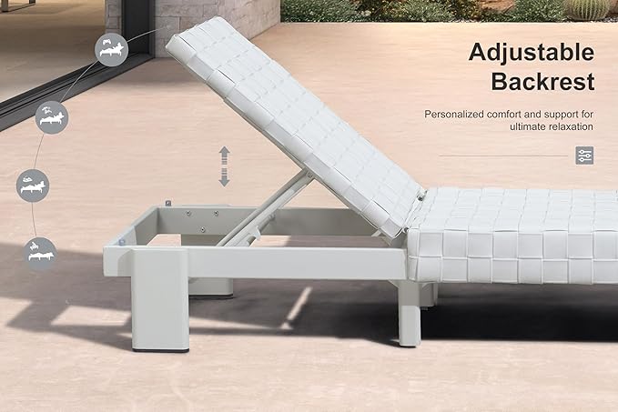 PURPLE LEAF Patio Chaise Lounge Modern Outdoor PU Leather Style Lounge Chair 4 Pieces with Adjustable Backrest Luxury Aluminum Chaise Lounge Chairs for Pool Garden Backyard Beach, White