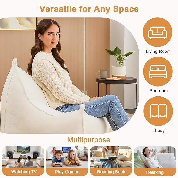 Giant Bean Bag Chair for Adults and Kids, Comfy Beige Beanbag with Filling Plush Fluffy and Back Support, Lounge Lazy Floor Sofa Accent Chair, Cozy Single Cloud Couch for Living Room, Bedroom & Dorm