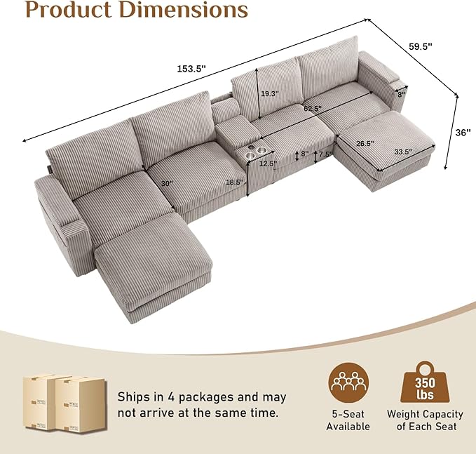 153" W x 60" D U Shape Sectional Sofa with USB Charging & Cup Holder & Storage, 6 Seater Plush Corduroy Couches with Movable Ottoman, Cloud Couch Sofas for Living Room, DIY Combination - Light Grey