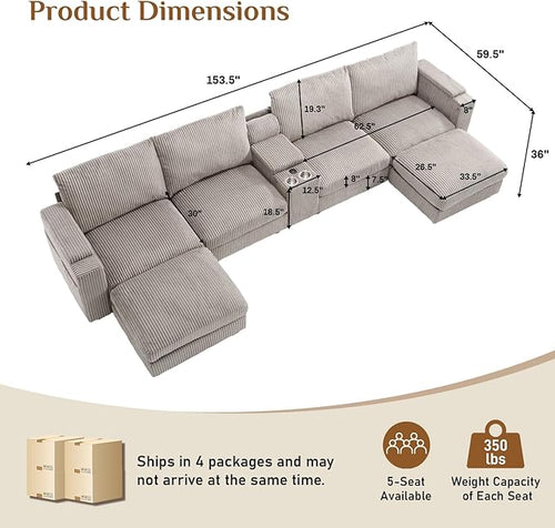 153" W x 60" D U Shape Sectional Sofa with USB Charging & Cup Holder & Storage, 6 Seater Plush Corduroy Couches with Movable Ottoman, Cloud Couch Sofas for Living Room, DIY Combination - Light Grey