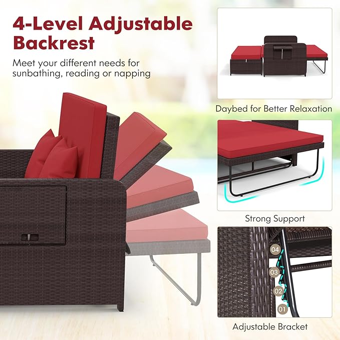 RELAX4LIFE Wicker Patio Outdoor Daybed - Rattan Day Bed Lounger with Loveseat & Storage Ottoman, Sunbed Sofa Set w/Cushions, 4-Level Adjustable Backrest & 2 Retractable Trays, Patio Daybed (Red)
