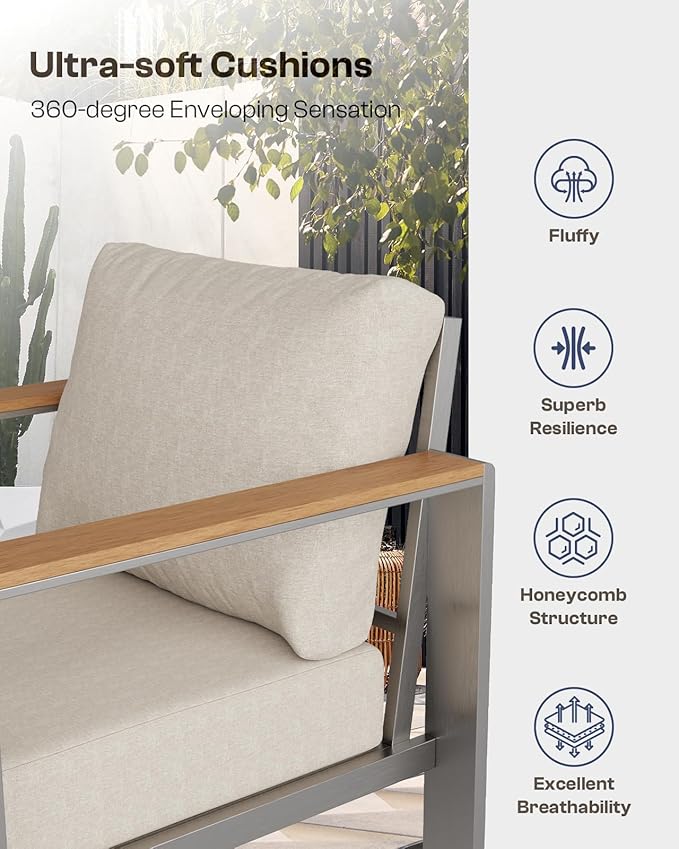 Oasbira Aluminum Outdoor Patio Furniture Set with Coffee Table, 7 Piece Patio Conversation Sets with Thick Cushion, Ottomans, Patio Sectional Furniture Set for Porch, Balcony, Deck, Yard, Silver