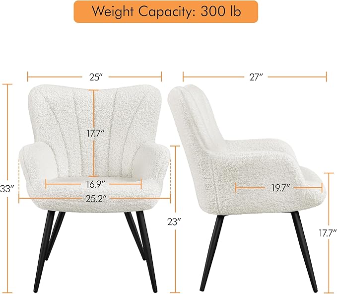 Yaheetech Boucle Accent Chair, Modern Fuzzy Sherpa Armchair, Upholstered Vanity Chair with High Back and Mental Legs for Living Room Makeup Bedroom, Ivory, Set of 2