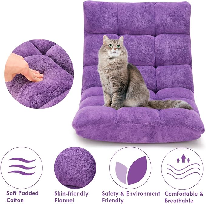 Giantex Floor Chairs for Adults - Floor Gaming Chair with Back Support, Coral Velvet, 14 Adjustable Position, Thick Sponge Padding, Floor Seating Lounge for Reading, Watching TV, Meditation (Purple)