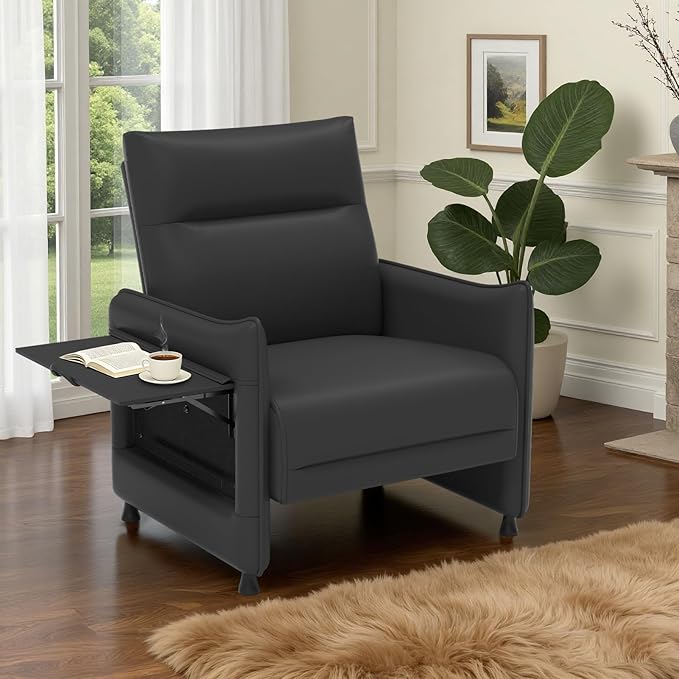 Upholstered Accent Sofas Set of 2, Modern Faux Leather Sofa Chairs with Hidden Foldable Tray & Side Pocket, Front Contour Arm Design, Small Accent Sofas for Small Spaces, Black