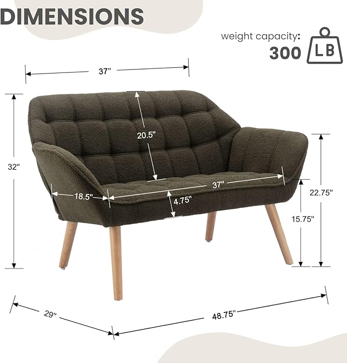 48" Green Small Loveseat Sofa, Comfy Faux Fur 2-Seat Love Seat with Wood Legs, Modern Tufted Wingback Upholstered Sofa Couch for Small Space Living Room Bedroom Apartment
