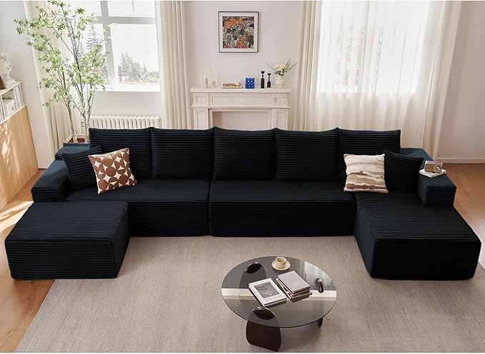 Lakifun 166.9" U-Shape Cloud Couch, Modern Modular Sectional Comfy L-Shape Sofa with Ottoman, Deep Seat, Upholstered Corduroy Sleeper Chaise Longue for Living Room Bedroom, No Assembly Required, Black