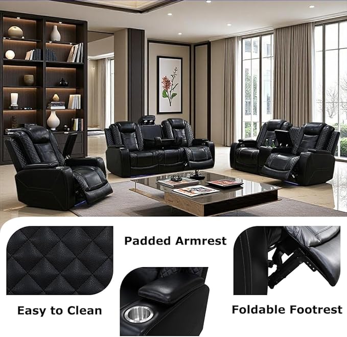 Toseslo Power Recliner Sofa Set with Drop-Down Table, 3-Piece Leather Reclining Sofa Sectional Couches, Living Room Furniture Sets, Reclining Sofa with Cup Holders/Storage Console for House(Black)