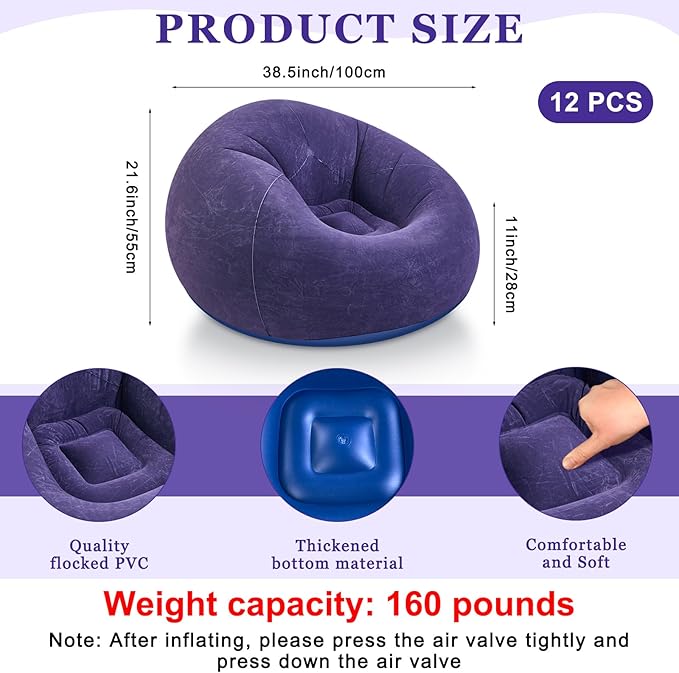 Realspring 12 Pcs Inflatable Bean Bag Chairs for Adults with Electric Air Pump, Blow up Couch Folding Portable Inflatable Couch Lazy Sofa for Outdoor Movie Nights Camping Room (Blue,Red,Coffee)